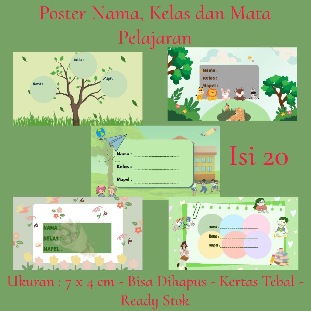 

‎*GRAFIS_IKA* Poster Nama, Kelas dan Mata Pelajaran - Hijau - WipeClean - ISI 20 - Bahan Kertas Tebal - Ukuran 7 x 4 cm - bisa Custom - Termurah