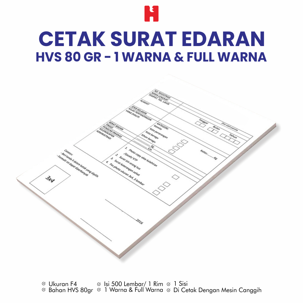 

Cetak Surat Edaran Custom Bahan HVS - Ukuran F4 - 1 Warna / Full Warna