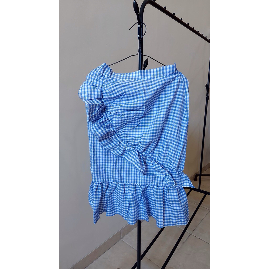 Rok Biru Gingham Ruffle