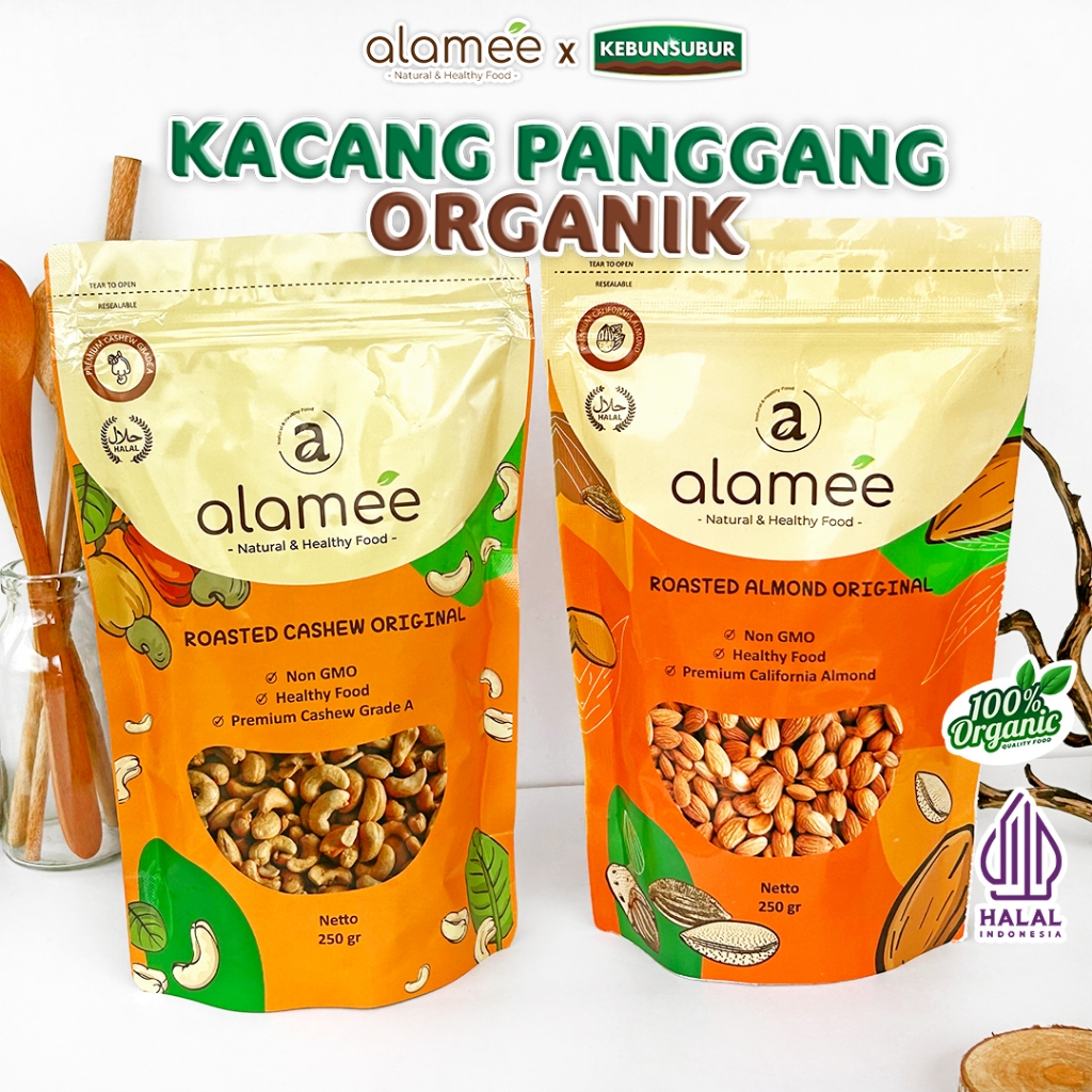 

alamee kacang panggang pouch sedang Roasted GradeA California almond mede walnut kebunsubur