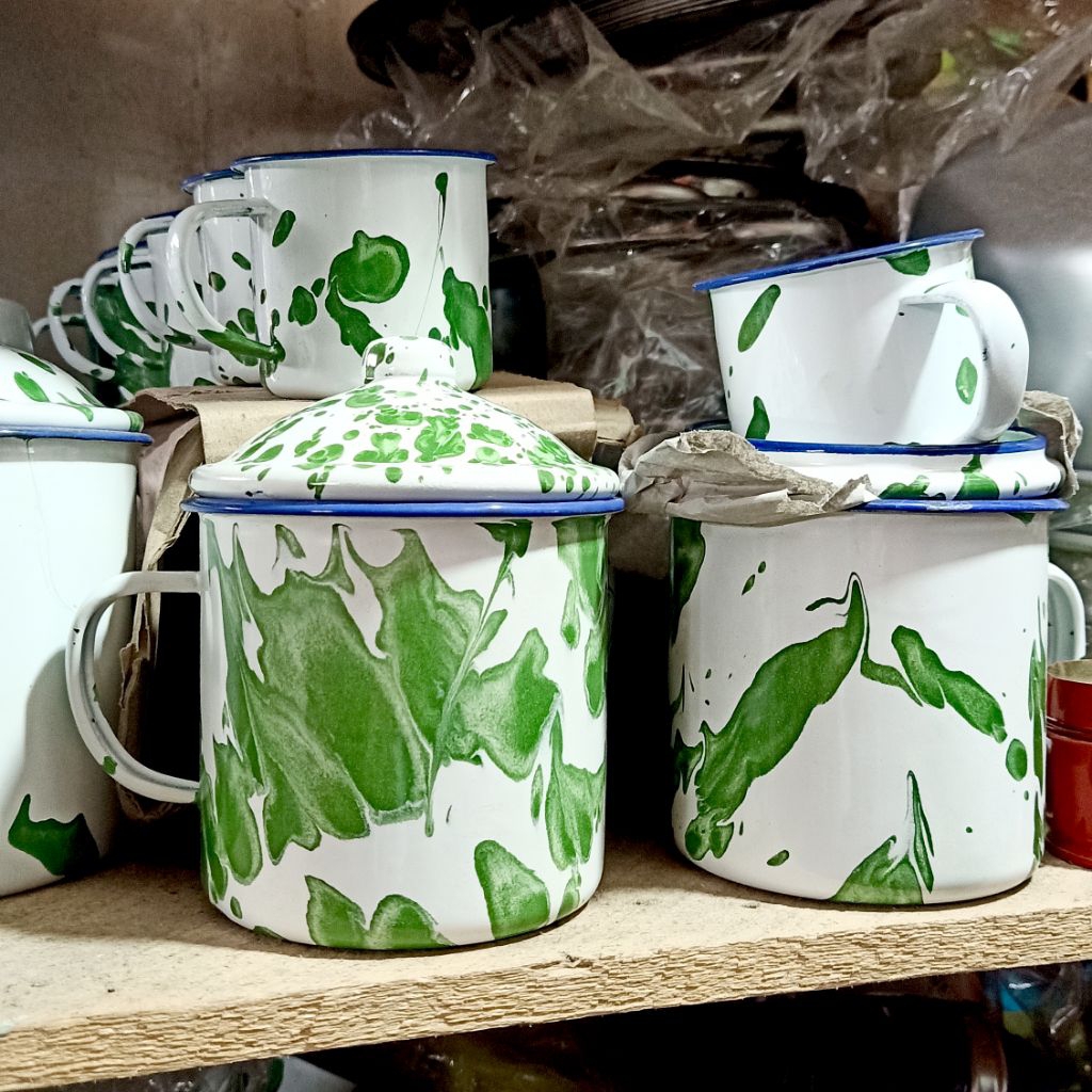 (Nizen) Mug Antik Blirik 12inch / Mug Kopi Jadul Motif Blirik / Mug kopi Enamel free tutup