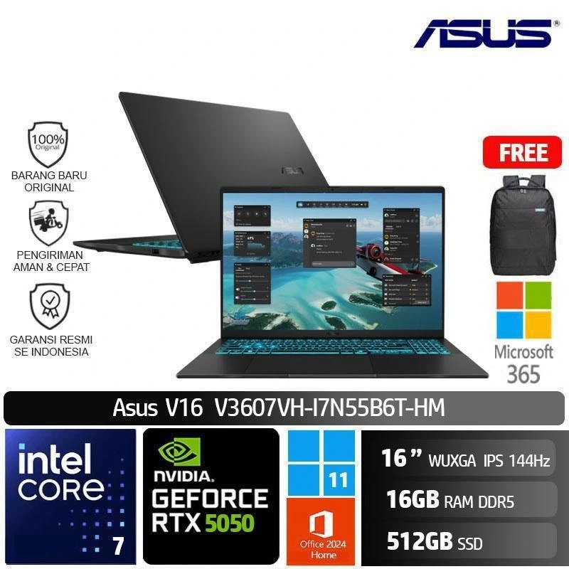 Asus V16 V3607VH I7N55B6T-HM Intel Core 7 240H 16GB 512GB RTX5050 8GB Win11 OH24 M365
