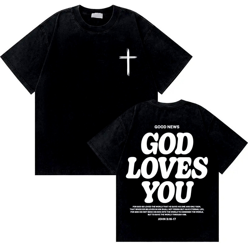 Black Vintage Christian Jesus Good News God Loves You Bible Verse Graphic T-shirts Men Women Fashion