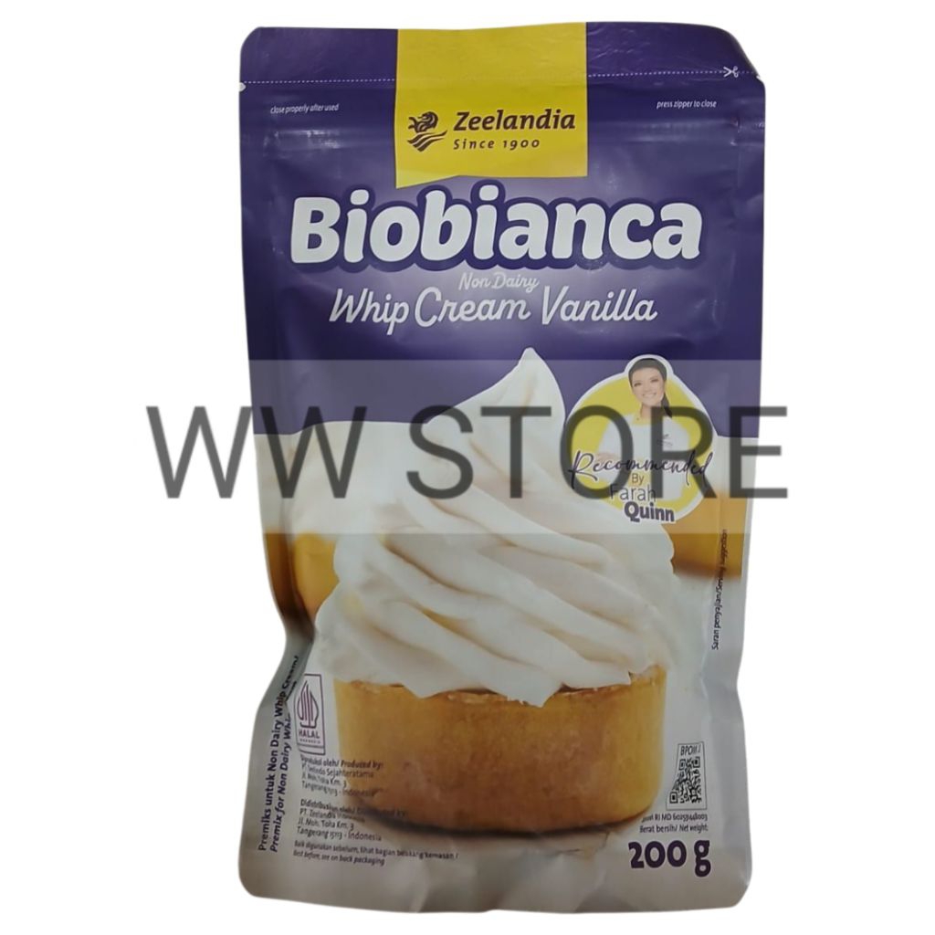 

Premiks halal MUI Zeelandia Biobianca Non Dairy Whip Cream Vanilla Premix 200g