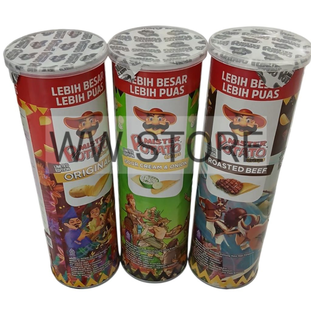 

Cemilan snek makanan ringan simulasi kentang rasa asli krim asam & bawang sapi panggang halal MUI MISTER POTATO Crisps ORIGINAL / SOUR CREAM & ONION / ROASTED BEEF 80g
