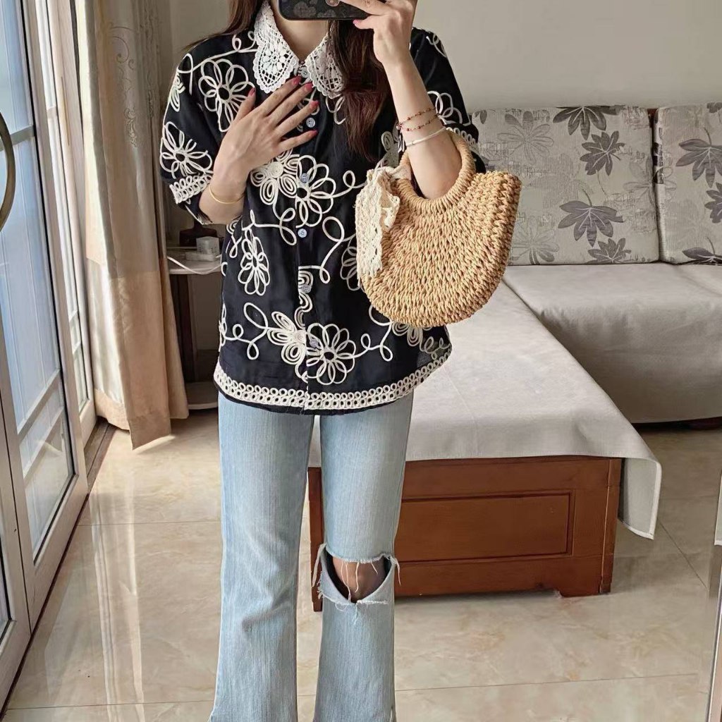 Kemeja Wanita Lengan Pendek Motif Bunga Timbul HM001 Kerah Renda Katbol Import Bangkok Bkk