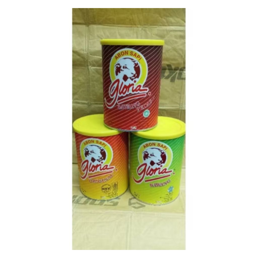 

Abon sapi kaleng Gloria 250gr original,bawang,bawang pedas