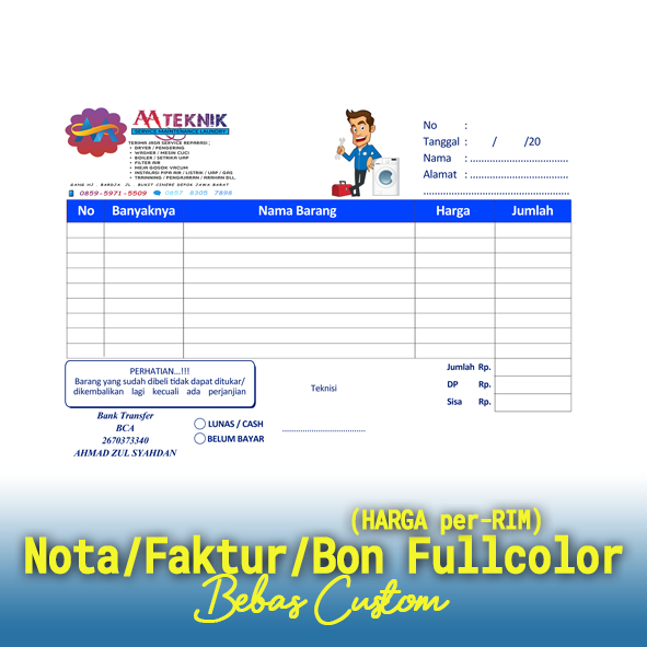 

Cetak Nota/Faktur/Bon Full Color 1 Rim, Cetak Nota Free Desain, Cetak Nota/Faktur Bahan NCR atau HVS, Cetak Nota/Faktur Full Color Pekanbaru
