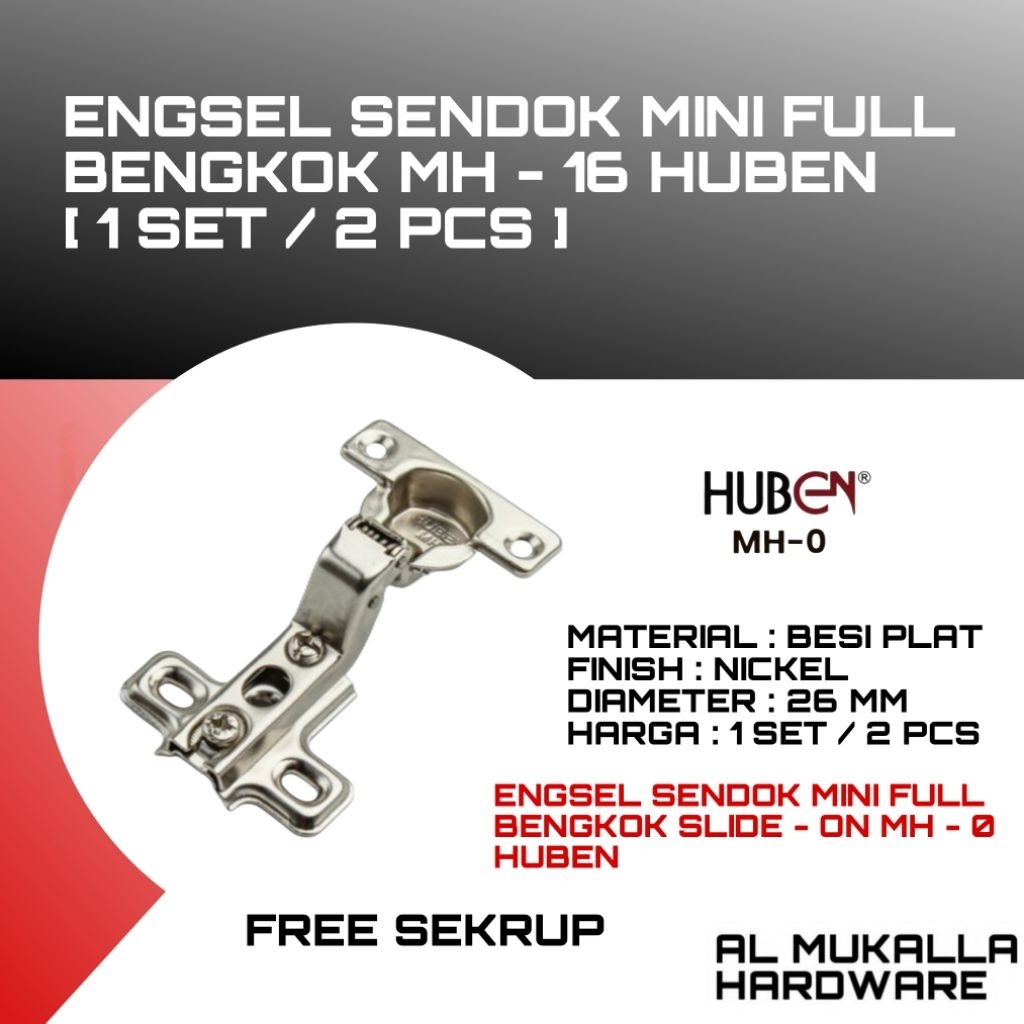 [ 1 Set / 2 Pcs ] Engsel Sendok Mini 26 MM Full Bengkok Huben MH - 16 | Engsel Pintu Lemari Kecil + 