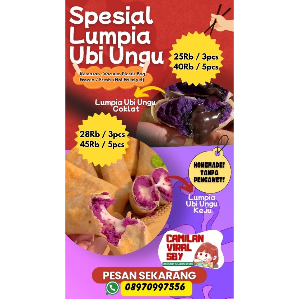 

Lumpia Ubi Ungu Siap Goreng Homemade (isi keju / coklat)