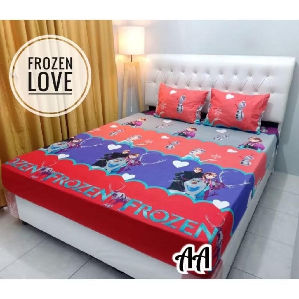 SPREI KARET KATUN PREMIUM 90/100/120/140/160/180/200 motif Frozen love merah ungu red purple