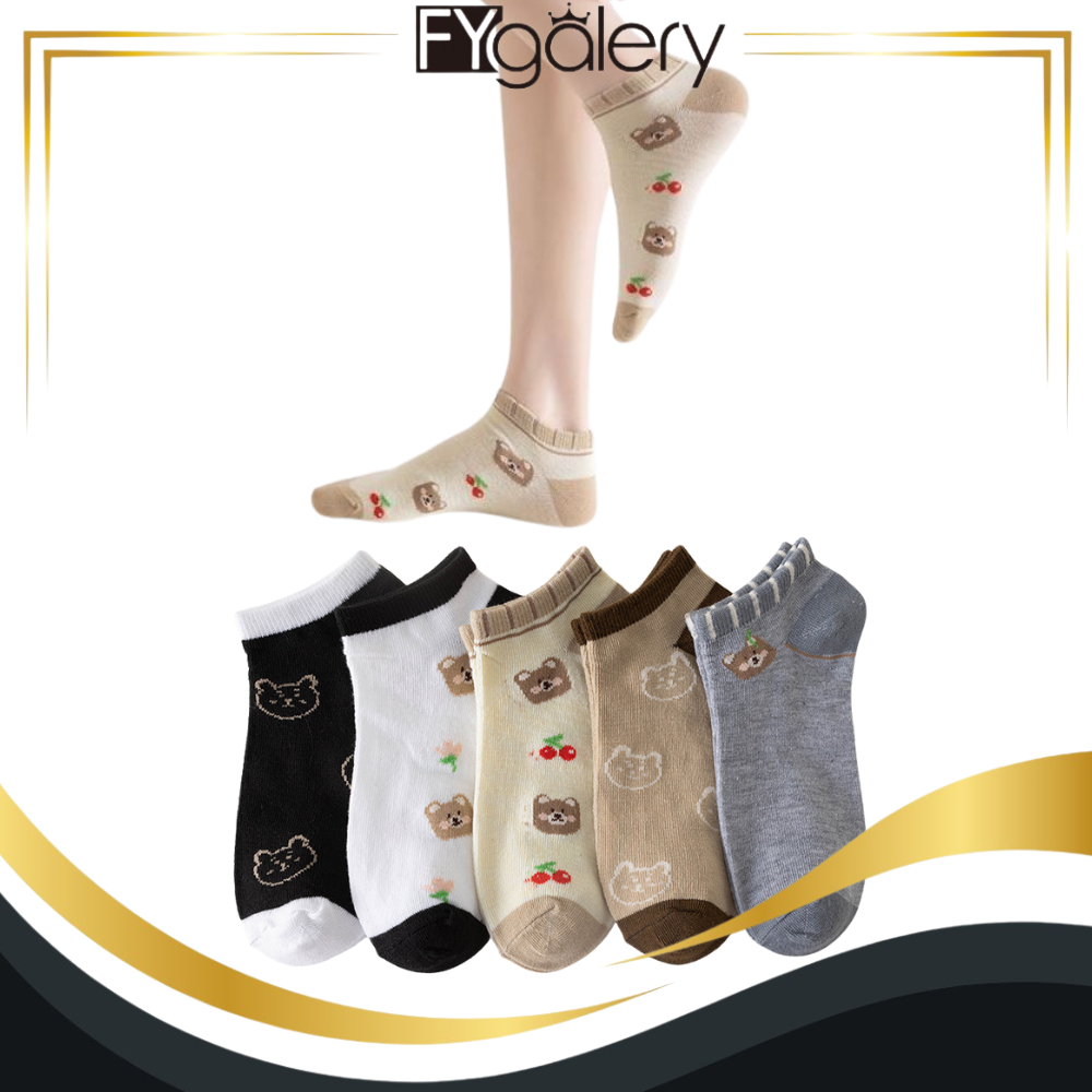 FYgalery KS164 Kaos Kaki Pendek Wanita Motif Bear Head Kode 6893 KaosKaki Semata Kaki Korean Fashion
