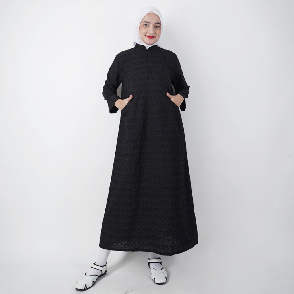 Gamis Umroh Wanita Katun Jepang Bordir Hitam