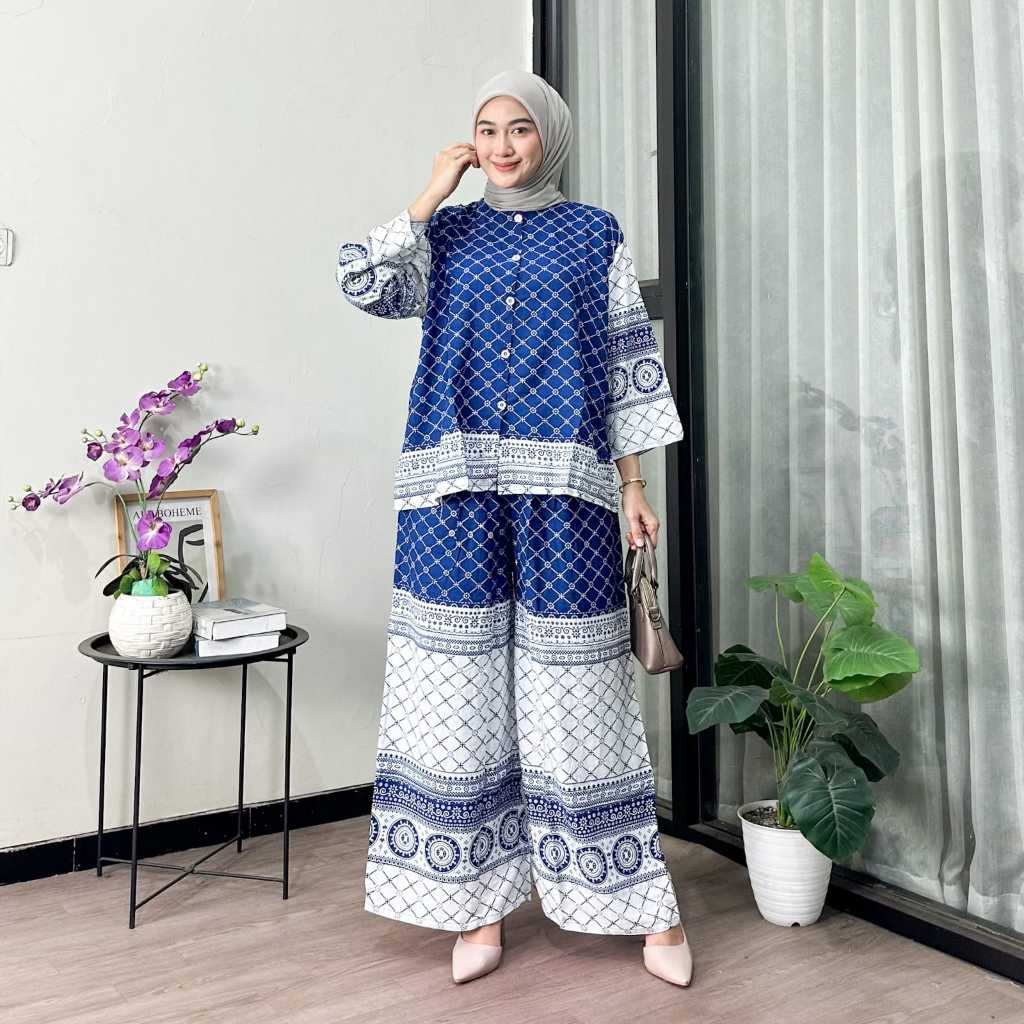 Setelan Muslim Wanita Jumbo Modern – Baju dan Celana Motif Etnik Elegan | Nyaman, Adem & Modis