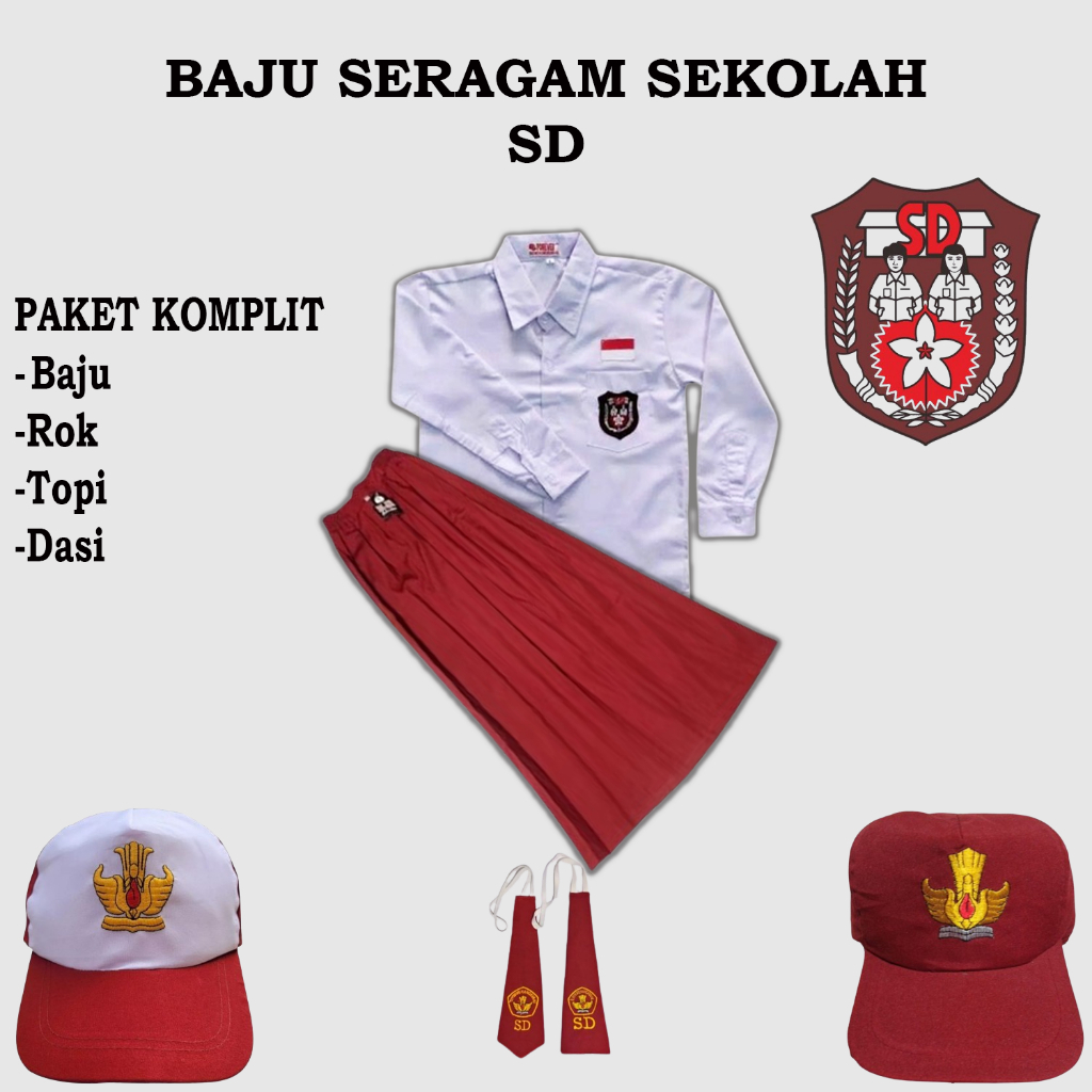 SERAGAM SEKOLAH SD ANAK PEREMPUAN / BAJU LENGAN PANJANG DAN ROK PANJANG / PAKET KOMPLIT TOPI DAN DAS