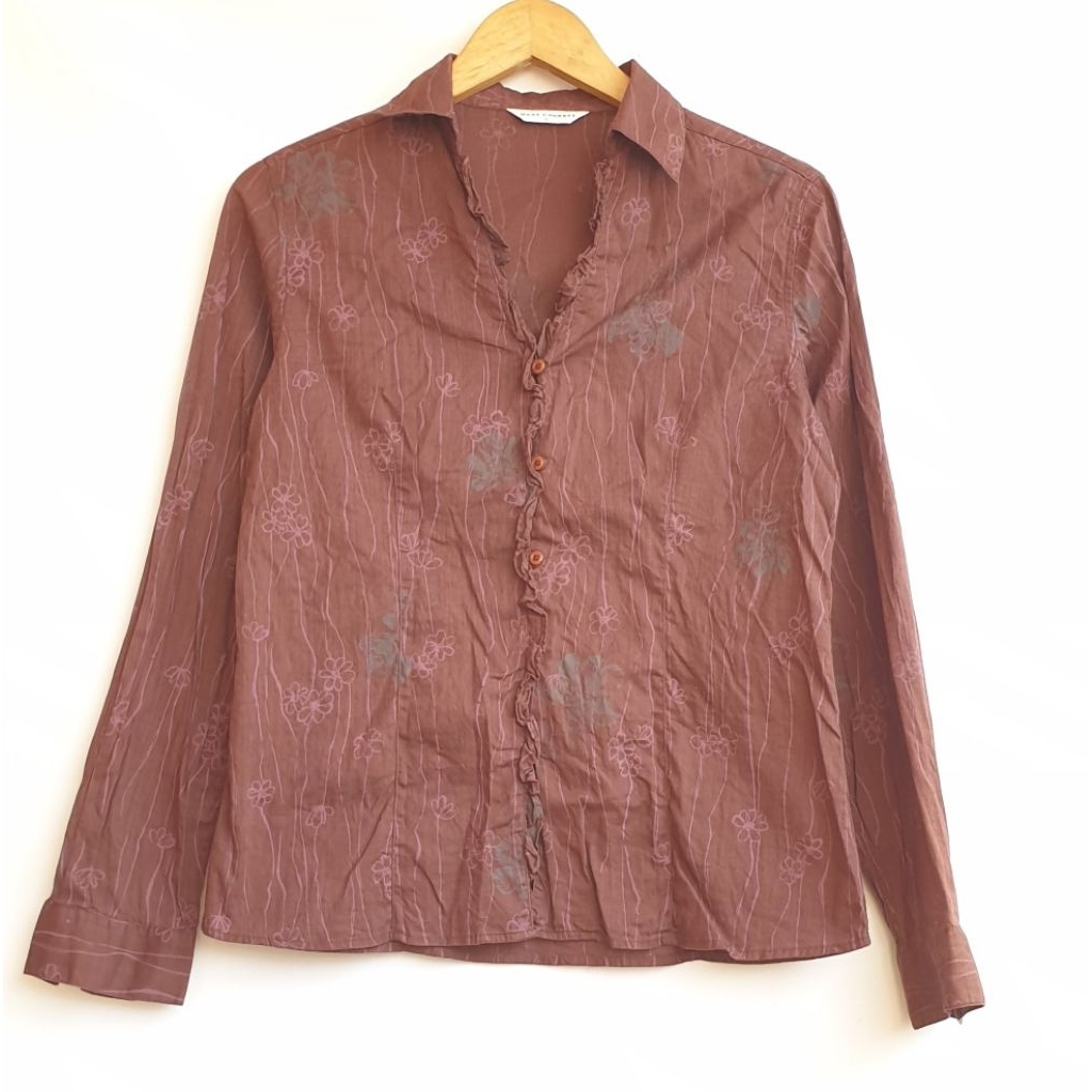 Kemeja Atasan Wanita Coklat Tua Motif Bunga Ruffle Merek Vent Couvert Lengan Panjang Vintage Look Gi