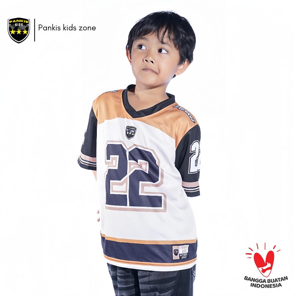 Jersey Anak PANKIS Kids – Desain Keren Nomor 22 Putih Oranye + Dus Eksklusif