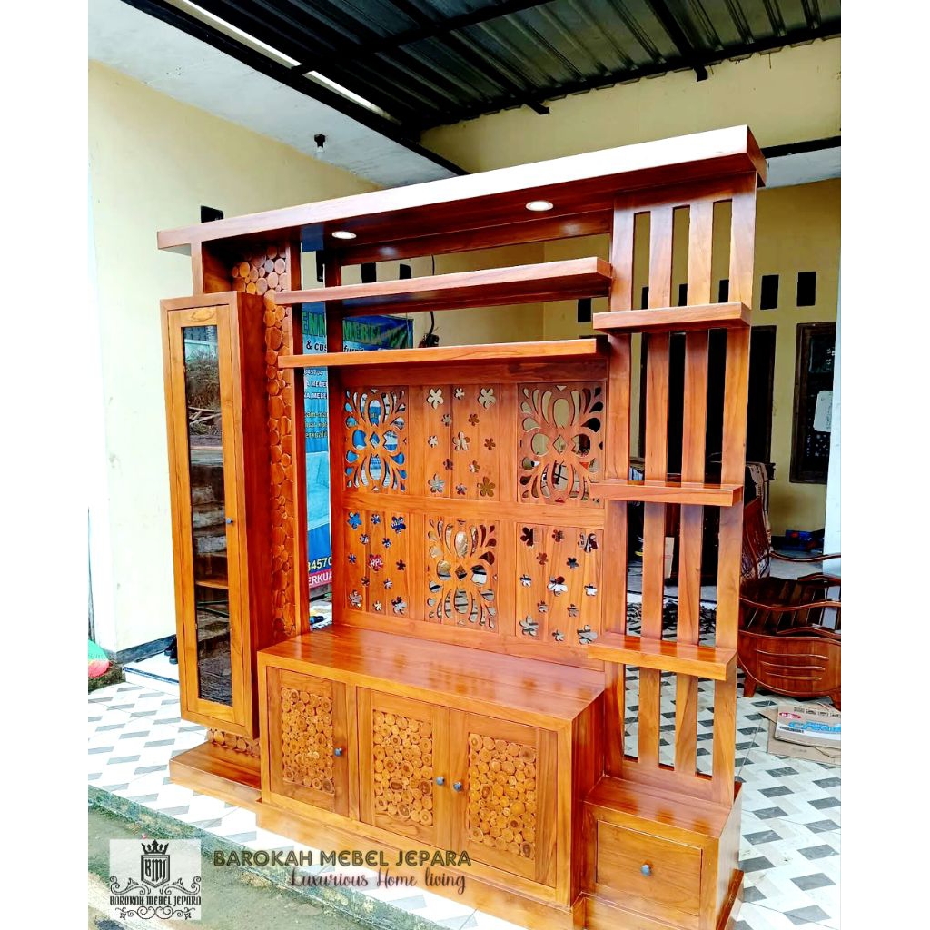 bufet TV partisi jati minimalis backdrop tv jati minimalis