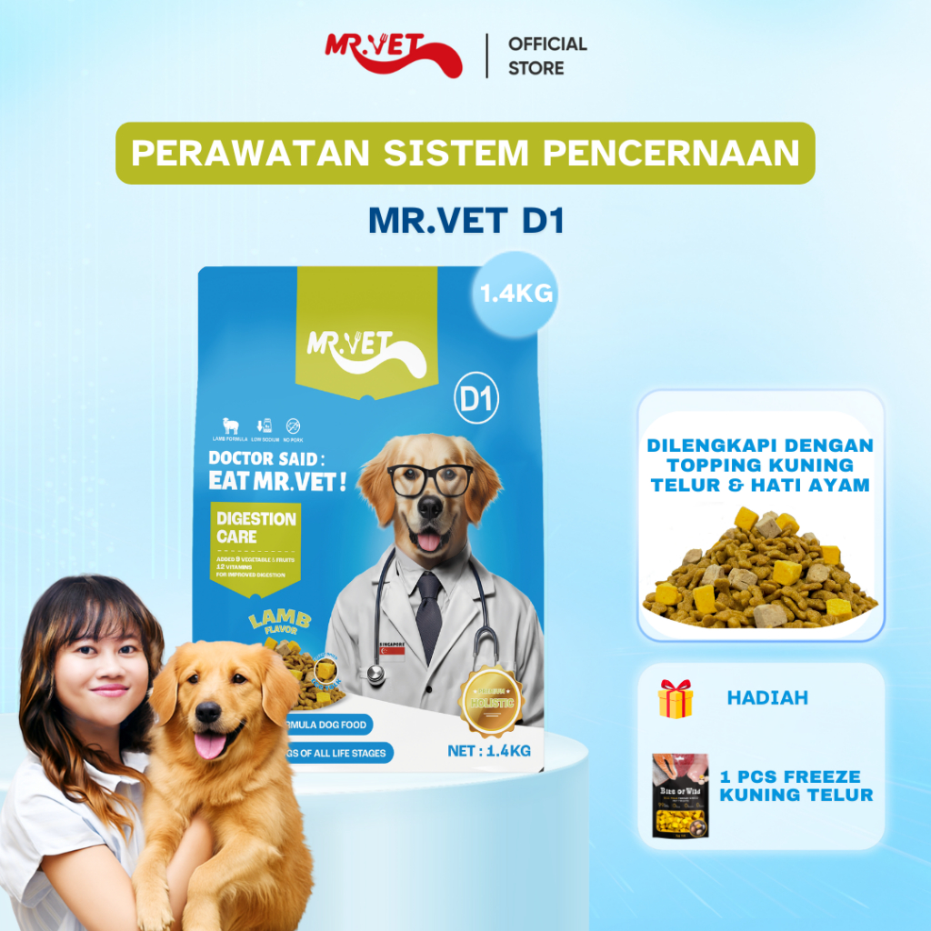 

23bagusmenshop - Mr. Vet D1 Dog Food 1.4kg + Free Camilan Freeze Dried Pencernaan Anjing