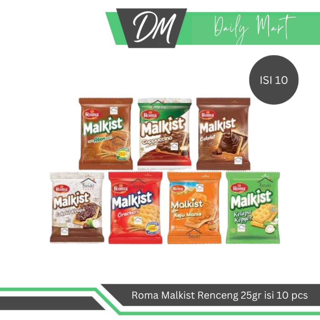

ROMA Malkist Renceng Isi 10 Sachet x 25 gr All Varian Kelapa Kopyor/Coklat/Abon/Cappuccino/Keju Manis/Original - Snack Enak Murah Bergizi