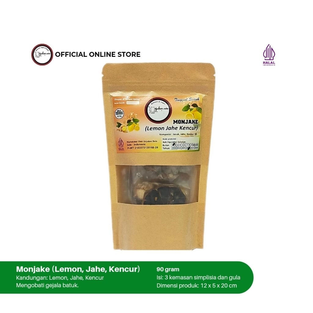 

MONJAKE (Lemon Jahe Kencur) / antioksidan / pereda batuk / gula batu, gula aren / gula dikemas terpisah / kemasan pouch @Unjukan.solo