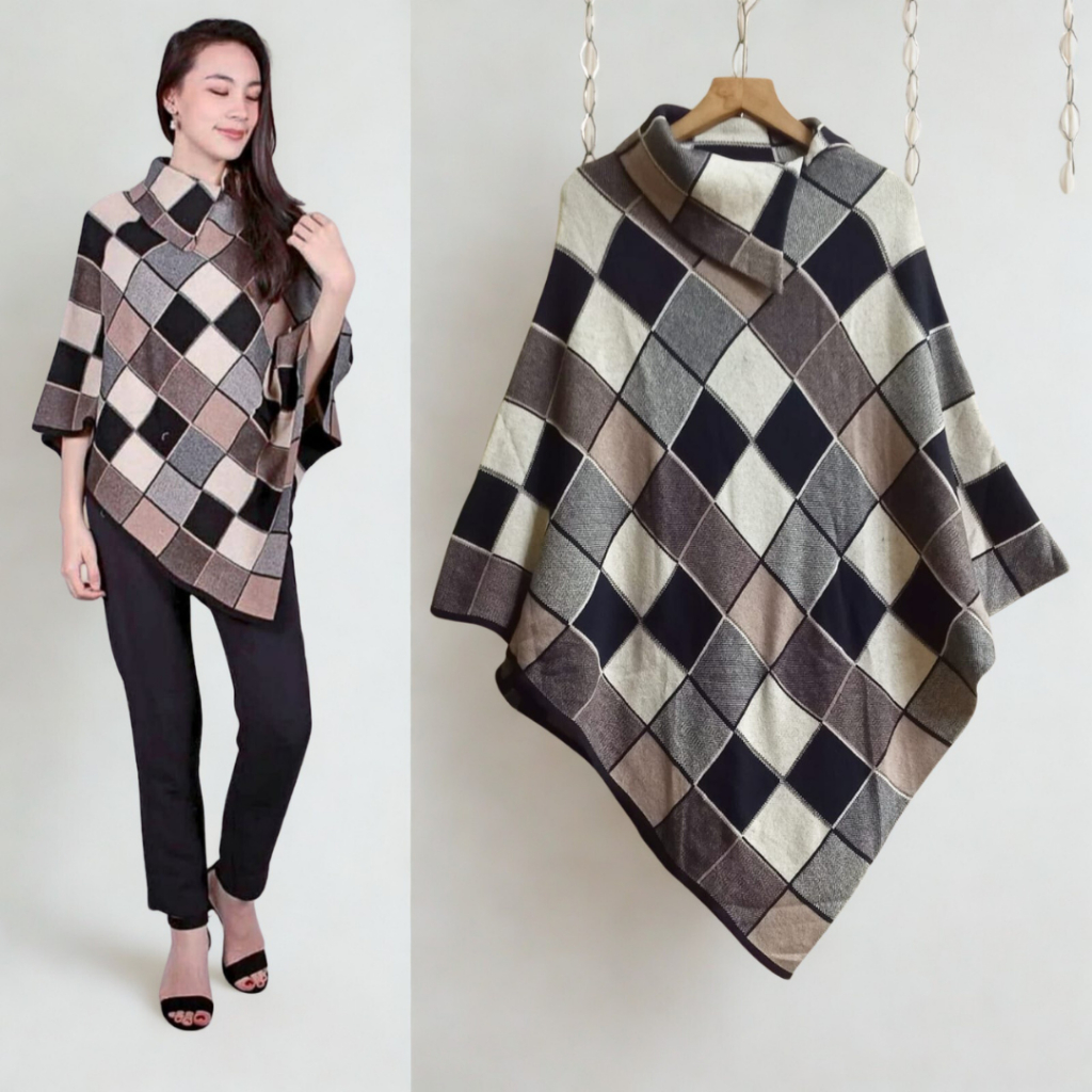 Best Seller Poncho Rajut Premium Batwing Import Motif Kotak Elegan - LD 130 cm Pjg 87 cm