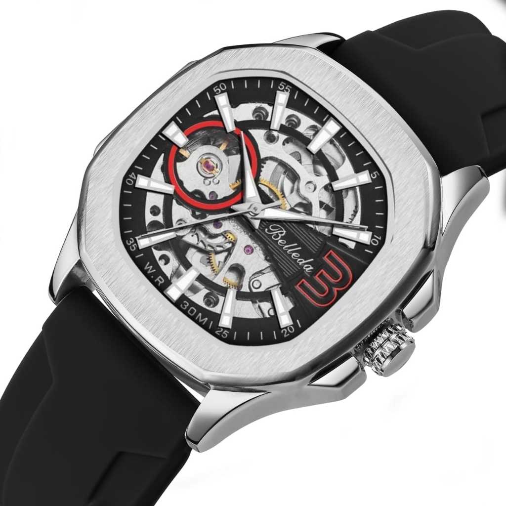 Jam Tangan Pria Belleda 9633 Automatic Strap Rubber Anti Air 3 Atm Garansi Original