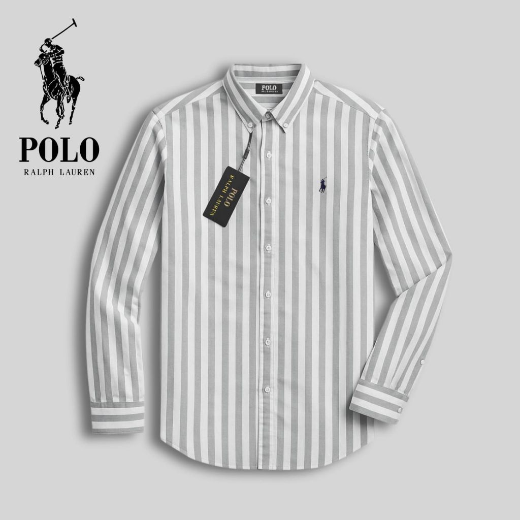 promo kemeja pria lengan panjang logo bordir POLO'S salur//kemeja pria lengan panjang salur pria ter
