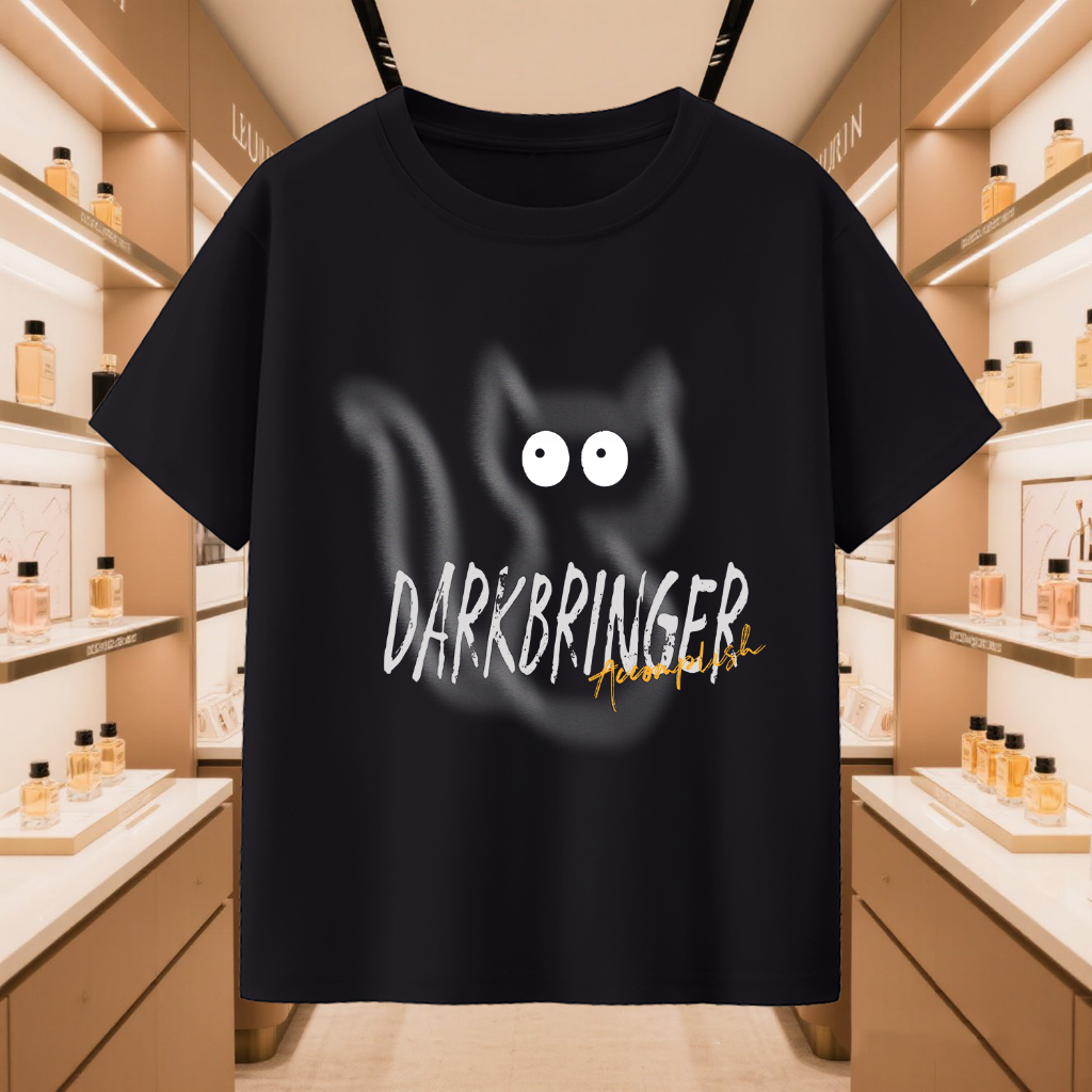 （COD）kaos Gambar Kucing Misterius Keren Bahan Katun Asli wanita pria hitam putih