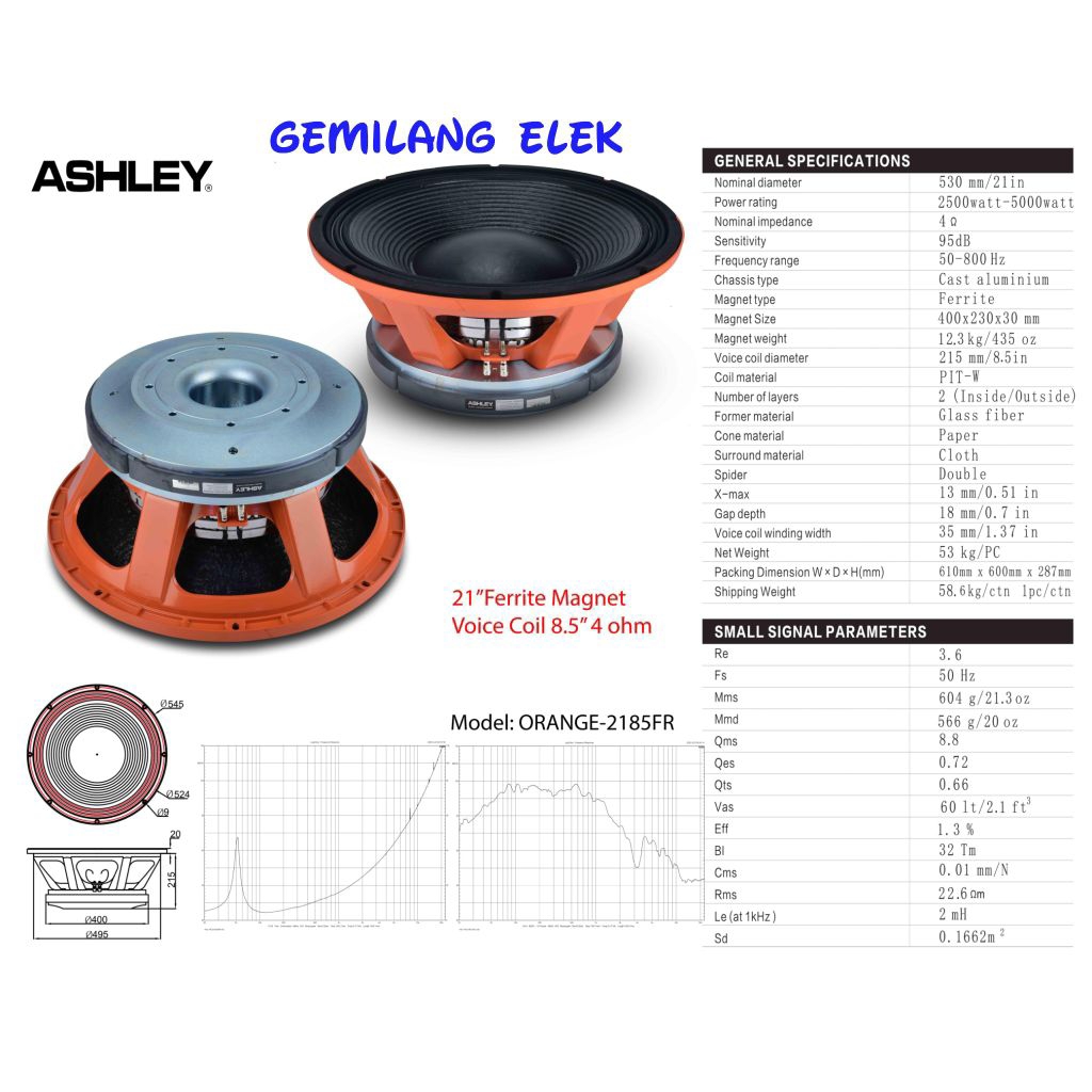 Speaker Komponen ASHLEY ORANGE 2185FR Original 21 inch Coil 8'5 inch
