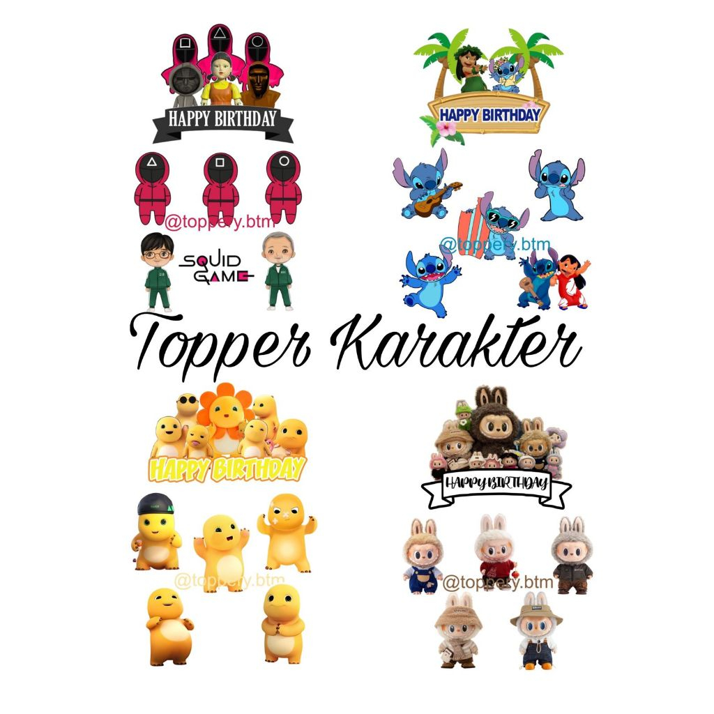[PART 3] 1SET CAKE TOPPER KARAKTER LABU- BU/  SQUID GAME / NAILONG / STITCH