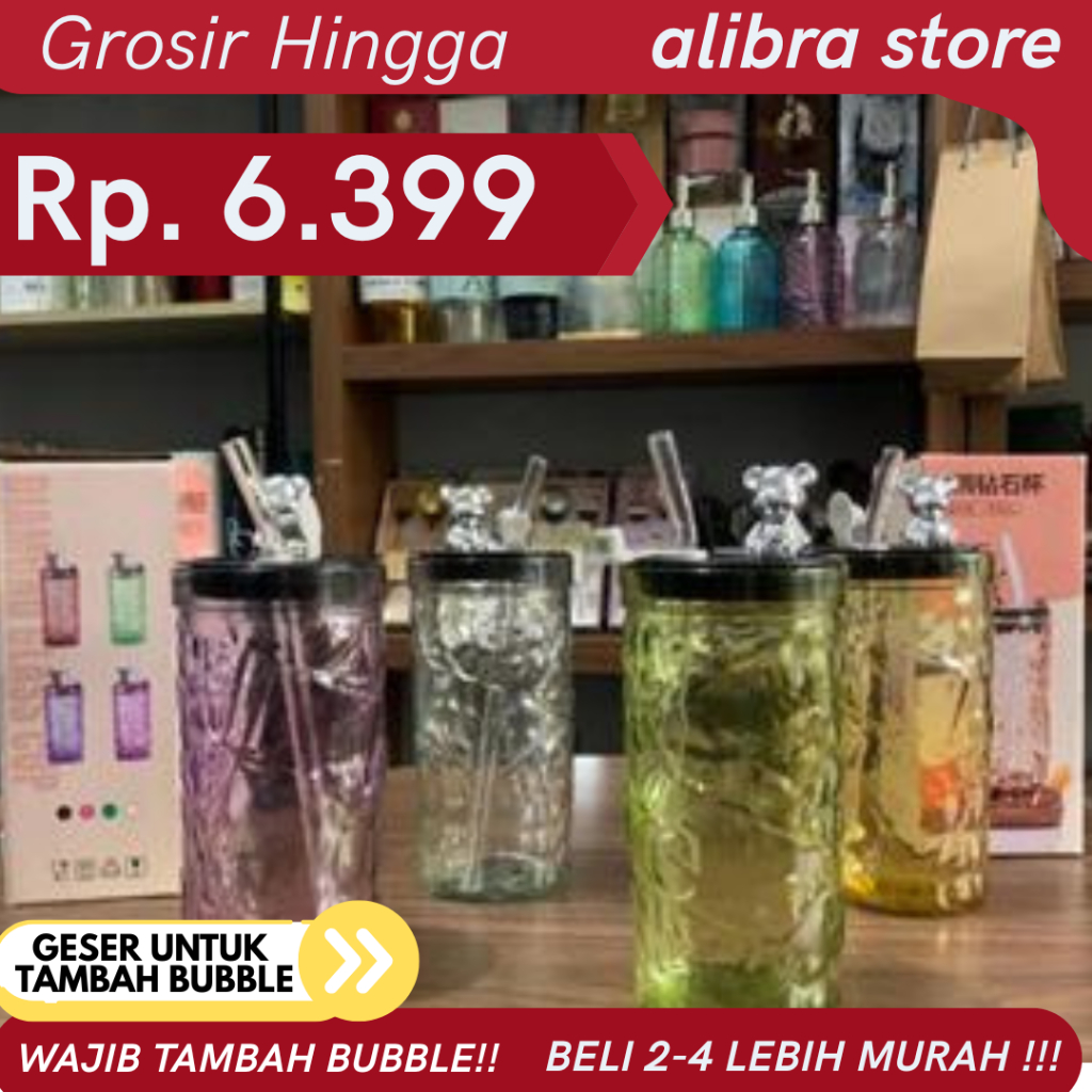 Gelas Kaca Tutup BOTOL BERUANG Panjang 350ml Gelas Kaca Aesthetic FREE BOX
