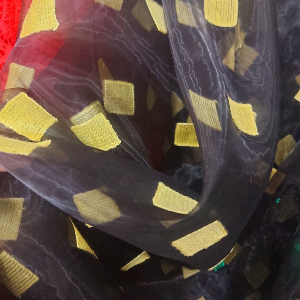 kain organza bordir  - kain organza motif timbul  - kain organza original  -kain kaca ( kuning )