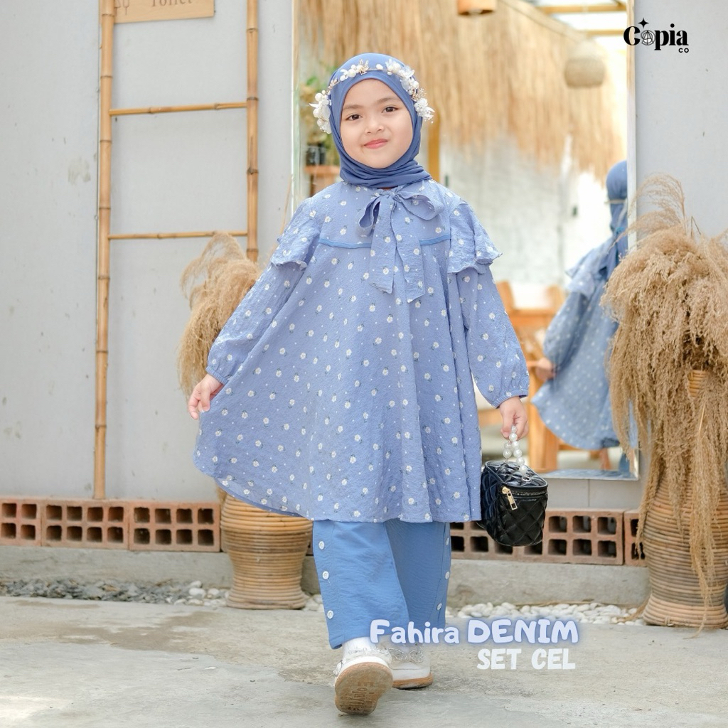 Copiaco - Fahira Setelan Long Tunik Set Celana Anak Perempuan Umur 3-12 Tahun Denim