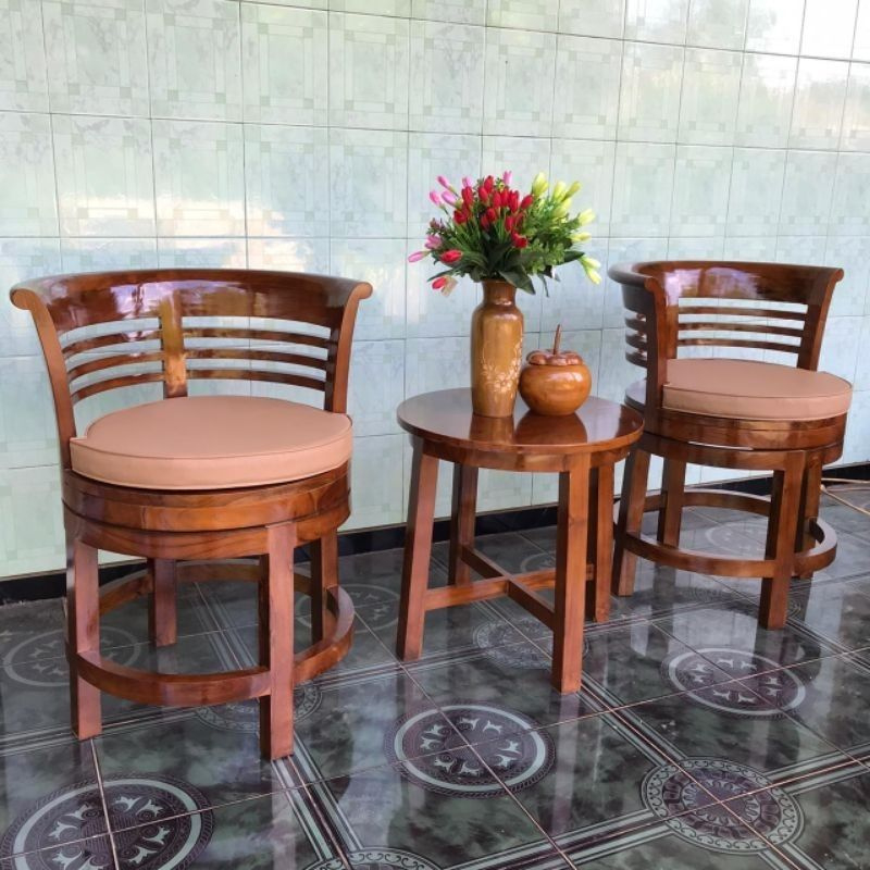 SET KURSI TERAS CAFE BUNDAR KAYU JATI MINIMALIS 2 KURSI + 1 MEJA