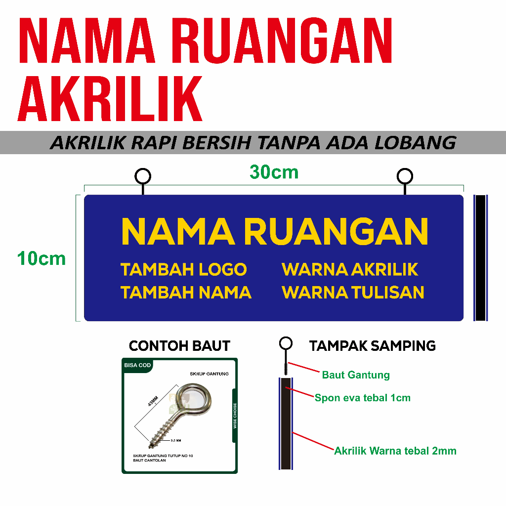 Papan Ruangan Akrilik Gantung 2 sisi Nama ruangan kantor sekolah Papan Nama Ruangan
