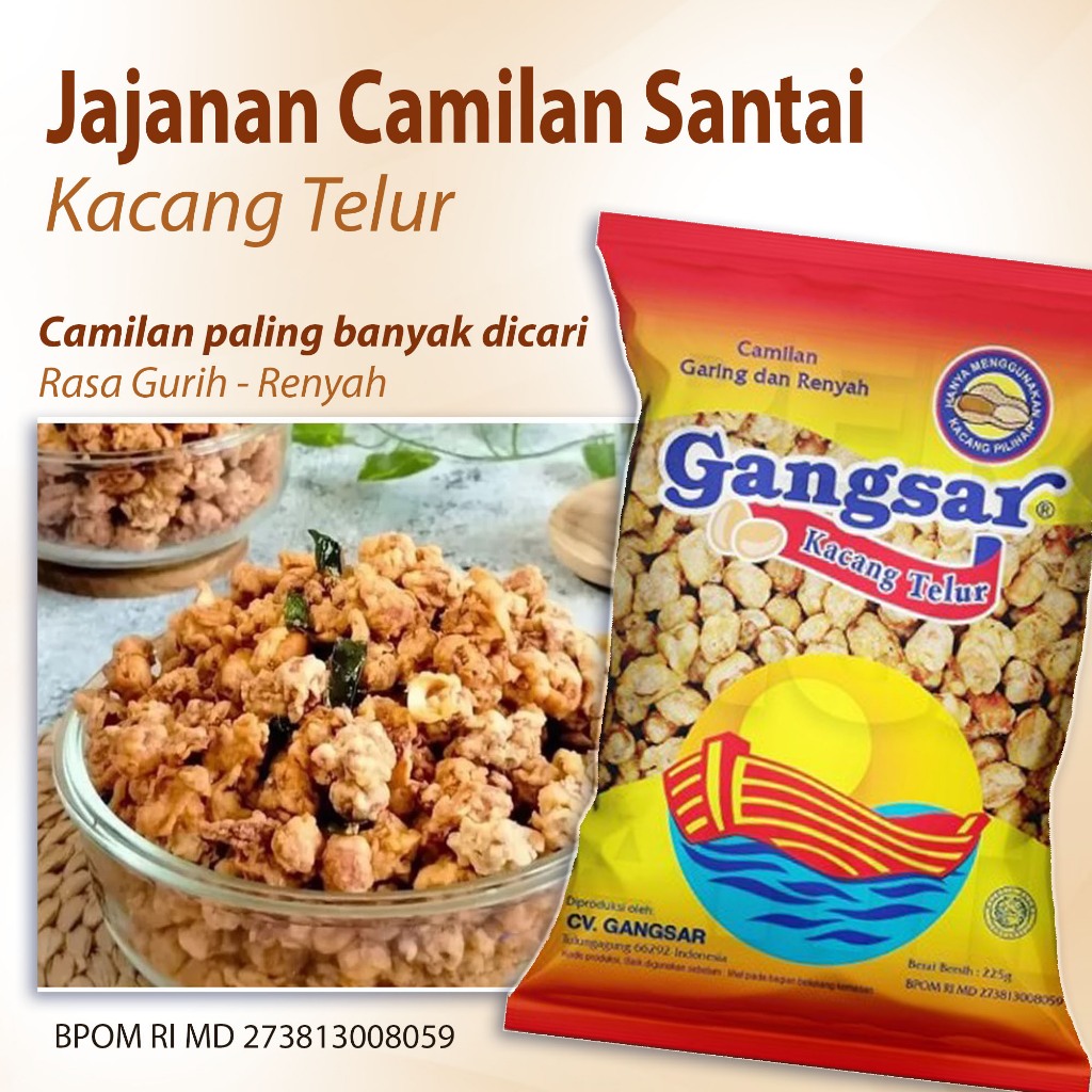 

Camilan jajanan Kacang Telur BEST SELLER jajanan paling banyak digemari paling disukai dengan Rasa Gurih lezat tekstur Renyah cocok buat nyantai juga Suguhan Lebaran ~ gangsar kacang telur 225g