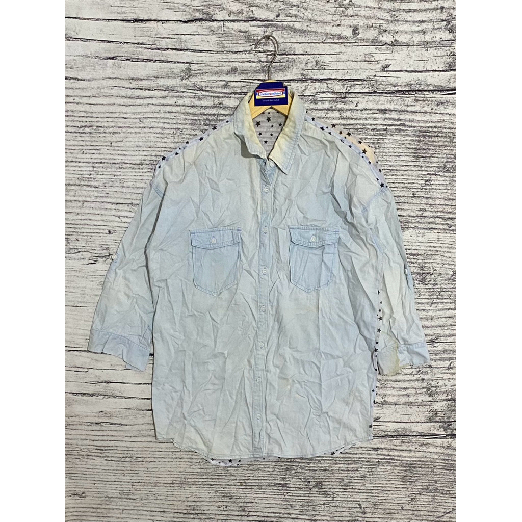 Kemeja shirt blus blouse motif Reiz jeans 2 bahan casual fashion second