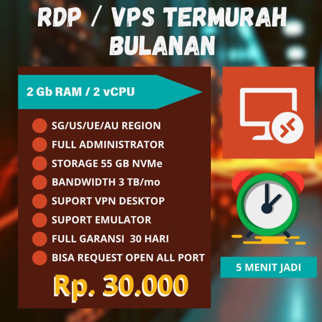 RDP/VPS BULANAN TERMURAH 2GB RAM / 2CPU