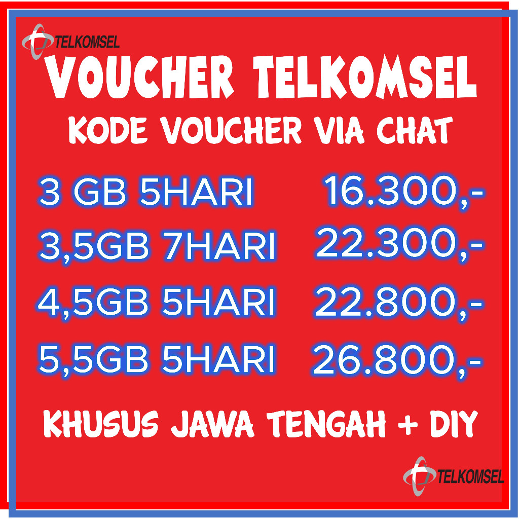VOUCHER TELKOMSEL 3GB 3,5GB 4,5GB 5,5GB JATENG. KIRIM VIA CHAT