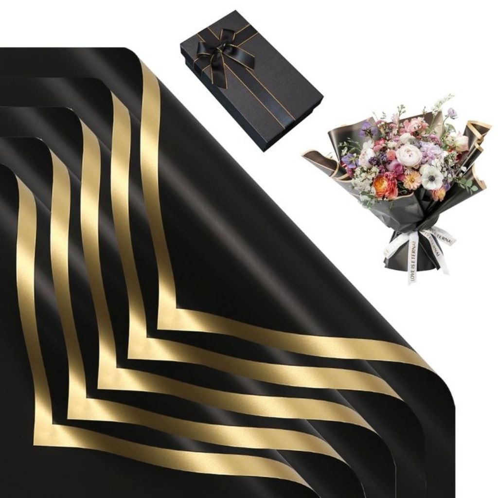 

kertas cellophane warna hitam list gold