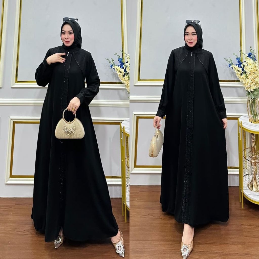 Zahra Premium Gamis Abaya Hitam Polos Jaguard Motif Full Zipper