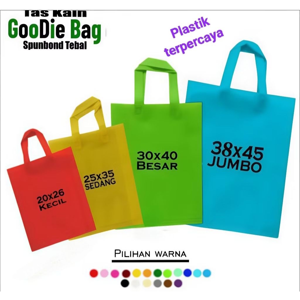 

Tas Spunbond Goodie Bag isi 12pcs Laken Handle 4 Ukuran 20x2525x35 30x40 38x45 Tebal...