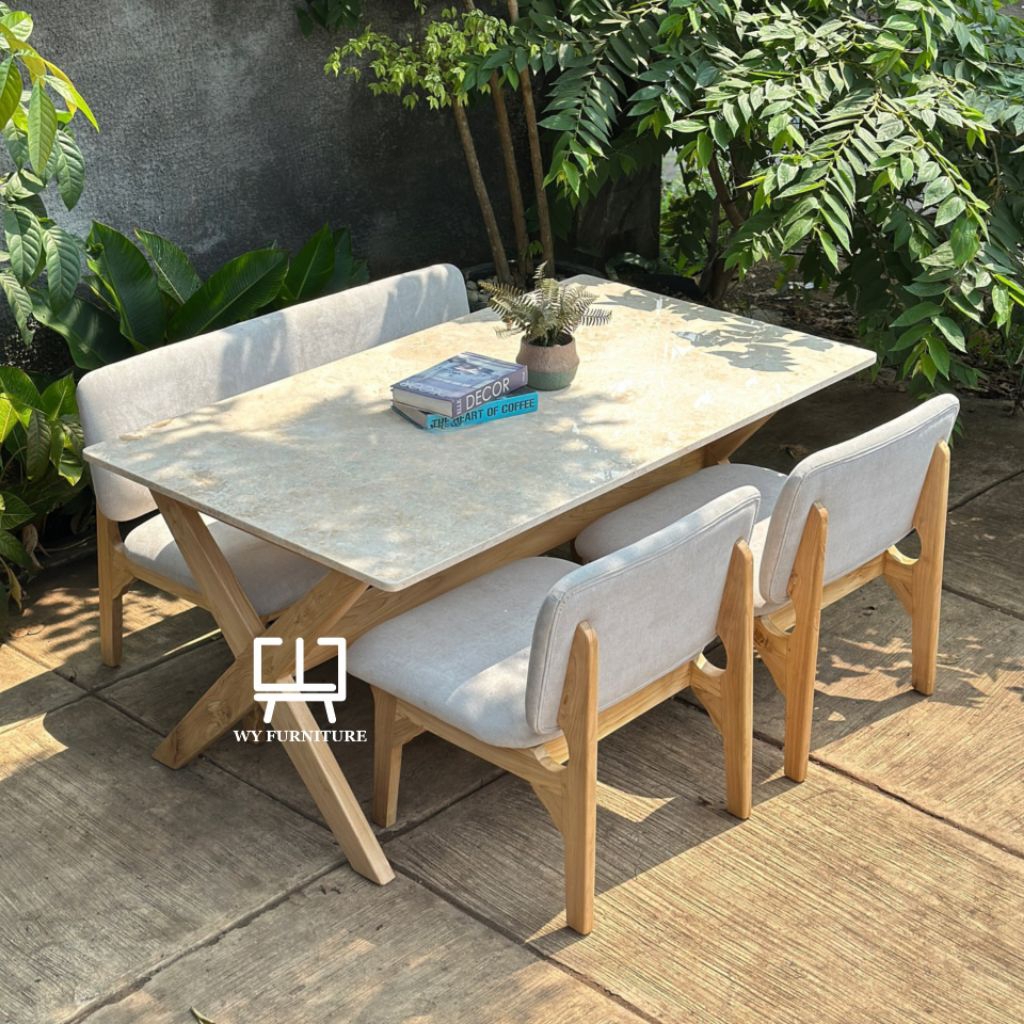 Meja makan informa kayu jati top marmer, meja makan kayu jati murah, set meja makan minimalis kayu j