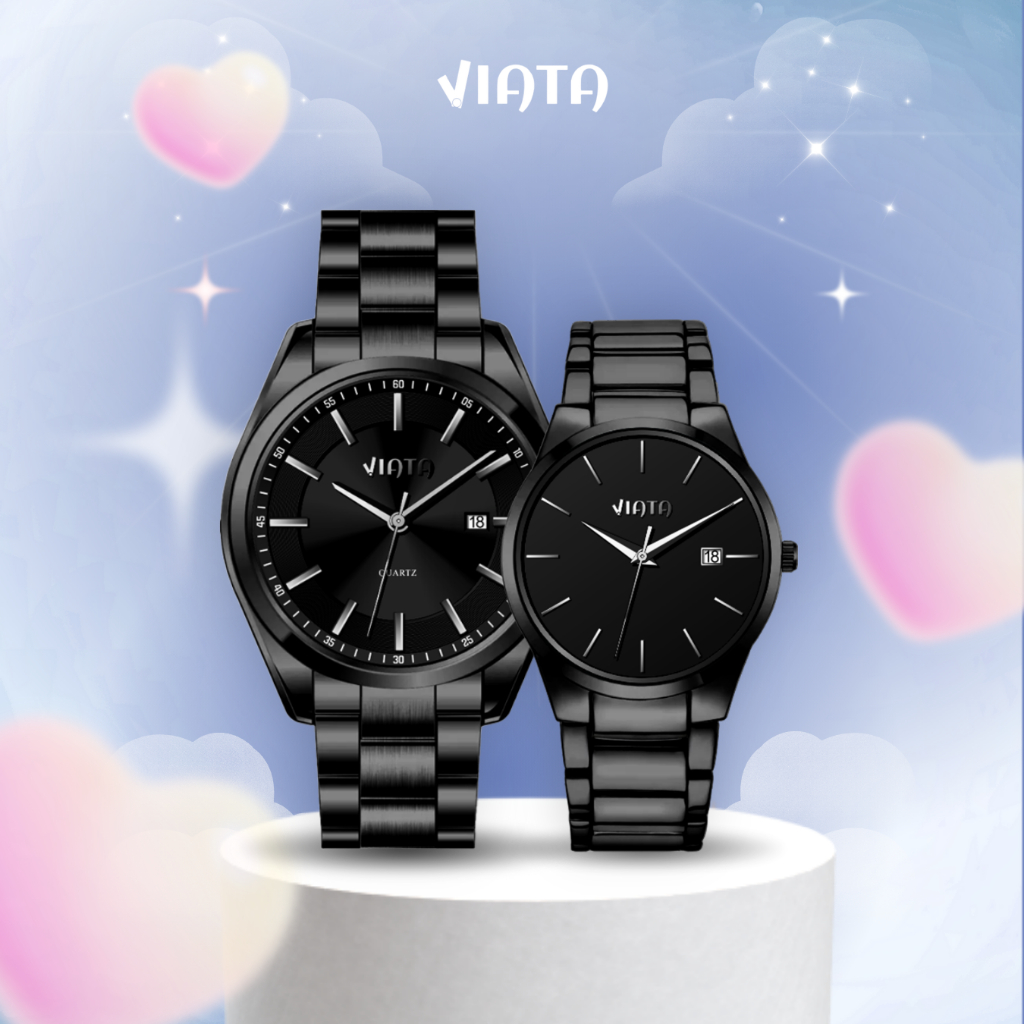 VIATA Jam Tangan Couple 100% Original Fashion Tanggal Analog Stainless Steel Jam Couple Pasangan