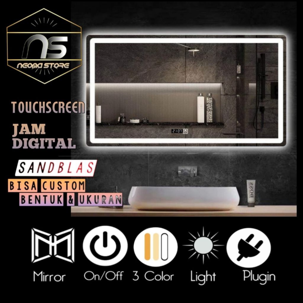 CERMIN SANDBLAS TOUCHSCREN JAM KAMAR MANDI MEJA WASTAFEL CERMIN JAM DIGITAL SUHU DIDING MEJA RIAS
