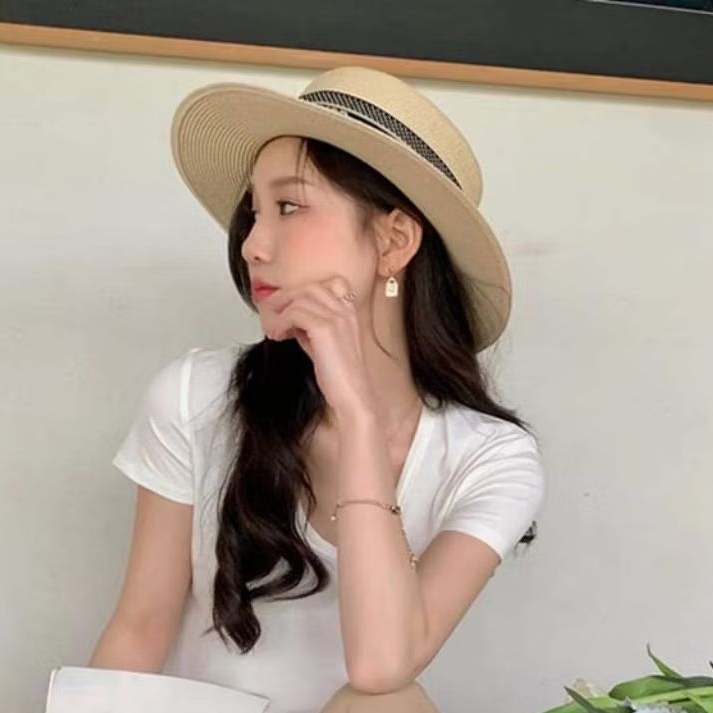 Topi Pantai Summer Hat Fashion Casual Topi Pantai Rose Mutiara Jerami Premium Topi Pantai Bertepi To