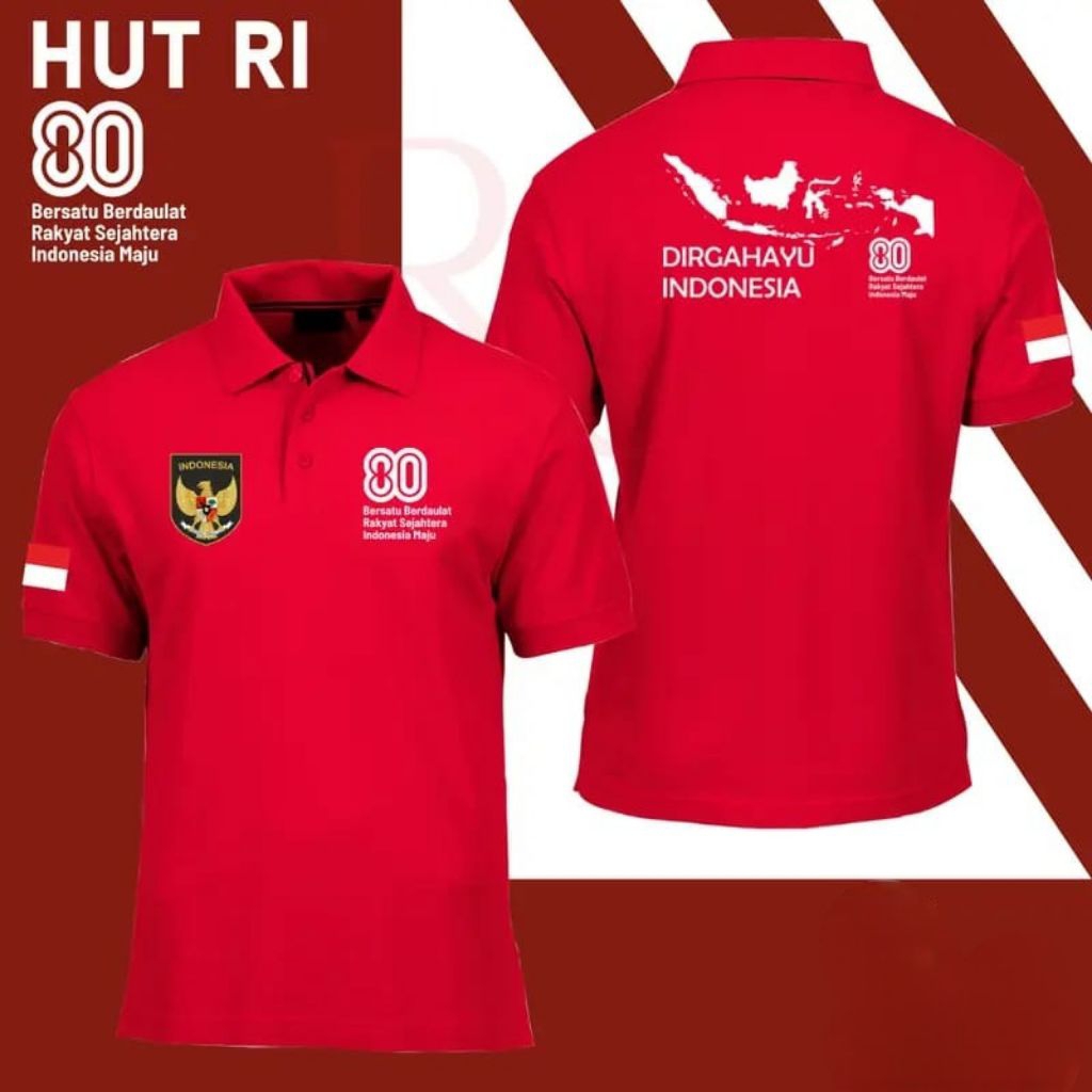 kaos polo t-shirt atasan pria wanita motif kemerdekaan republik Indonesia ke 80 keren