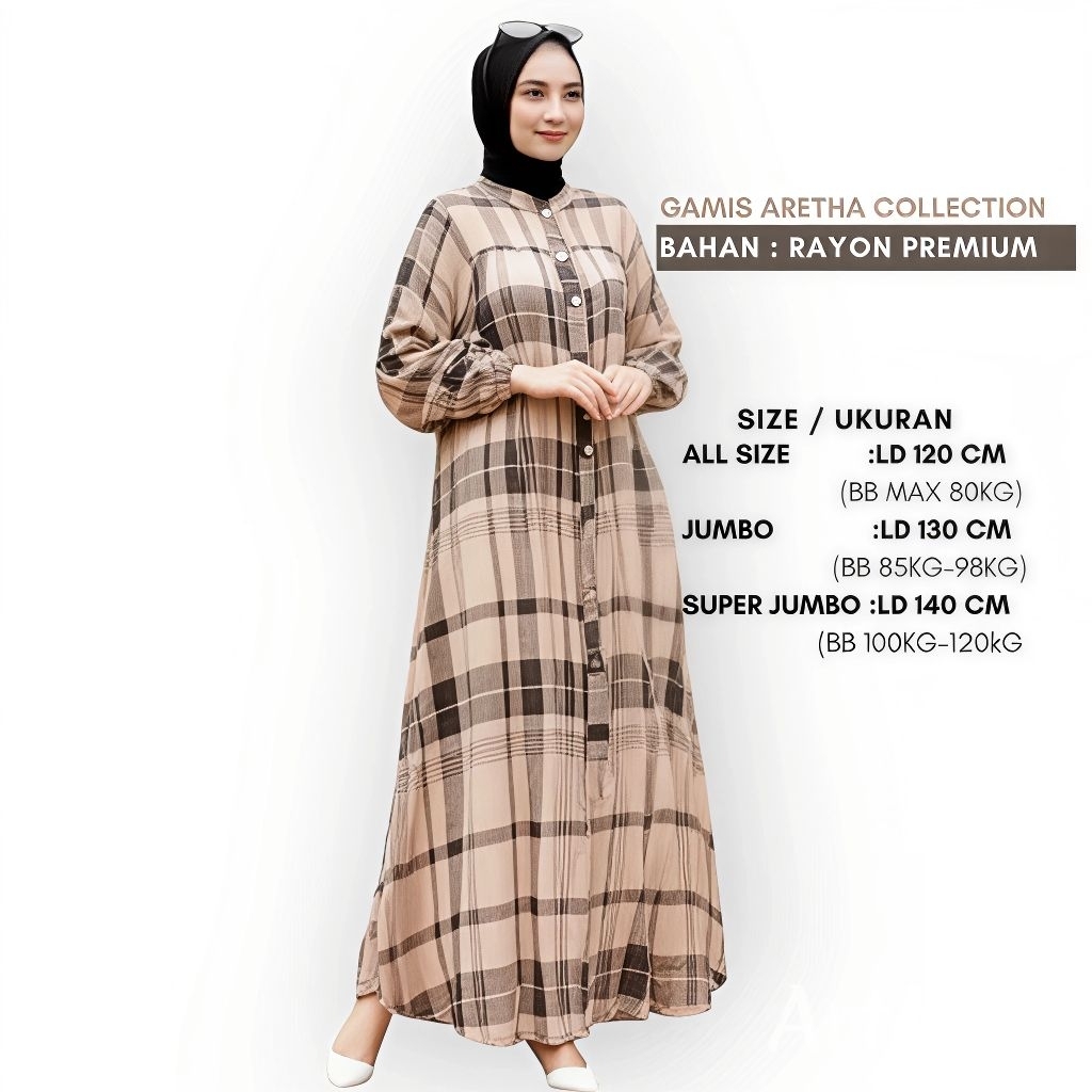 Gamis Motif Kotak Rayon Premium Dress Muslim Panjang Wanita Ld 120-140 Jumbo