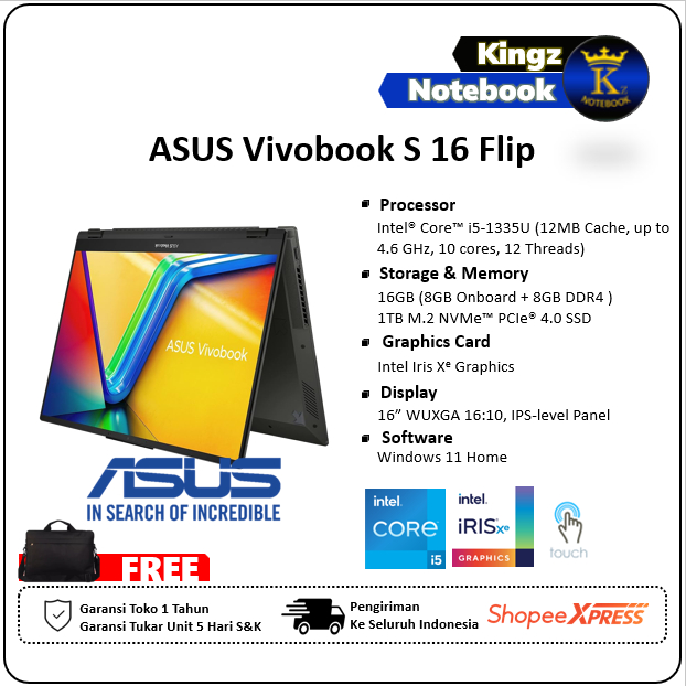 ASUS Vivobook S16 Flip Core i5 1335U 16GB 1TB SSD Win11 16" WUXGA Touch